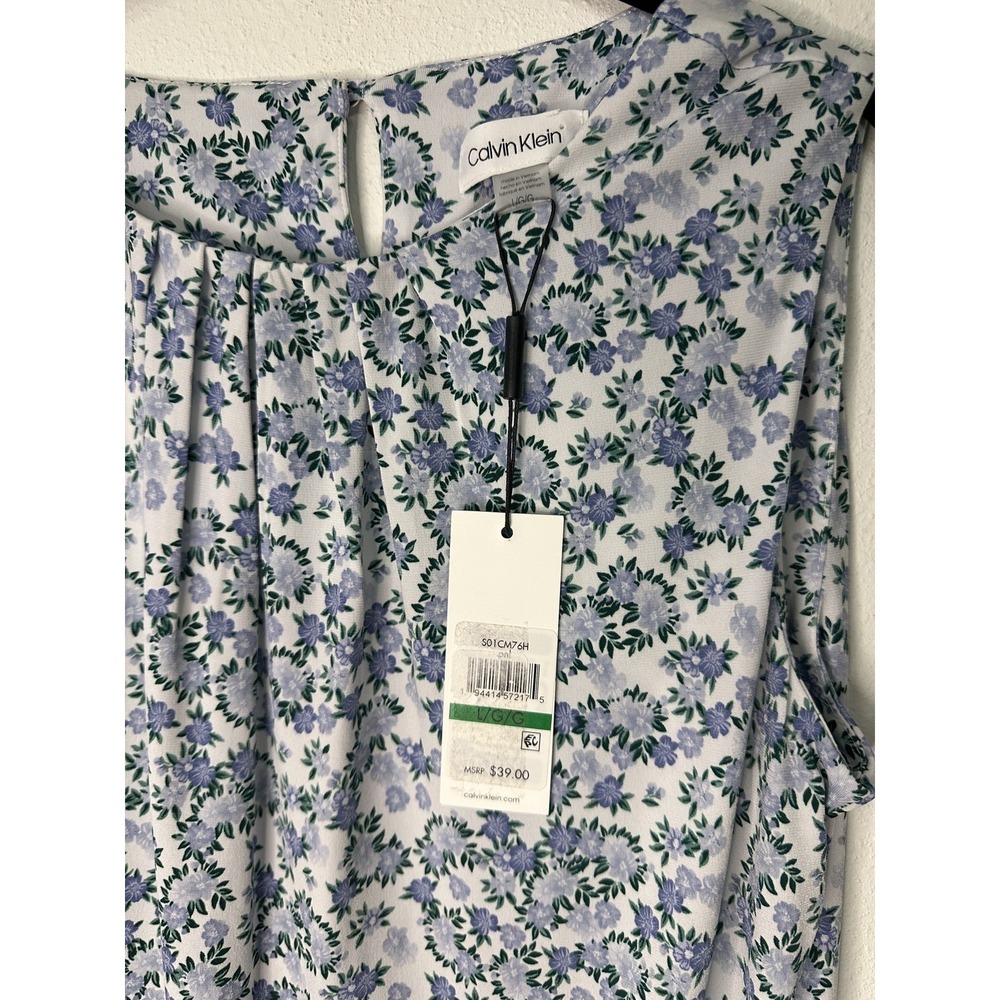NEW Calvin Klein Sleeveless Blouse Blue Floral Top Shirt Women Size Large
